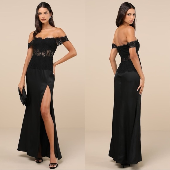 Sz M Lulus Exceptionally Exquisite Black‎ Lace Off-the-Shoulder Maxi Dress - Picture 1 of 8